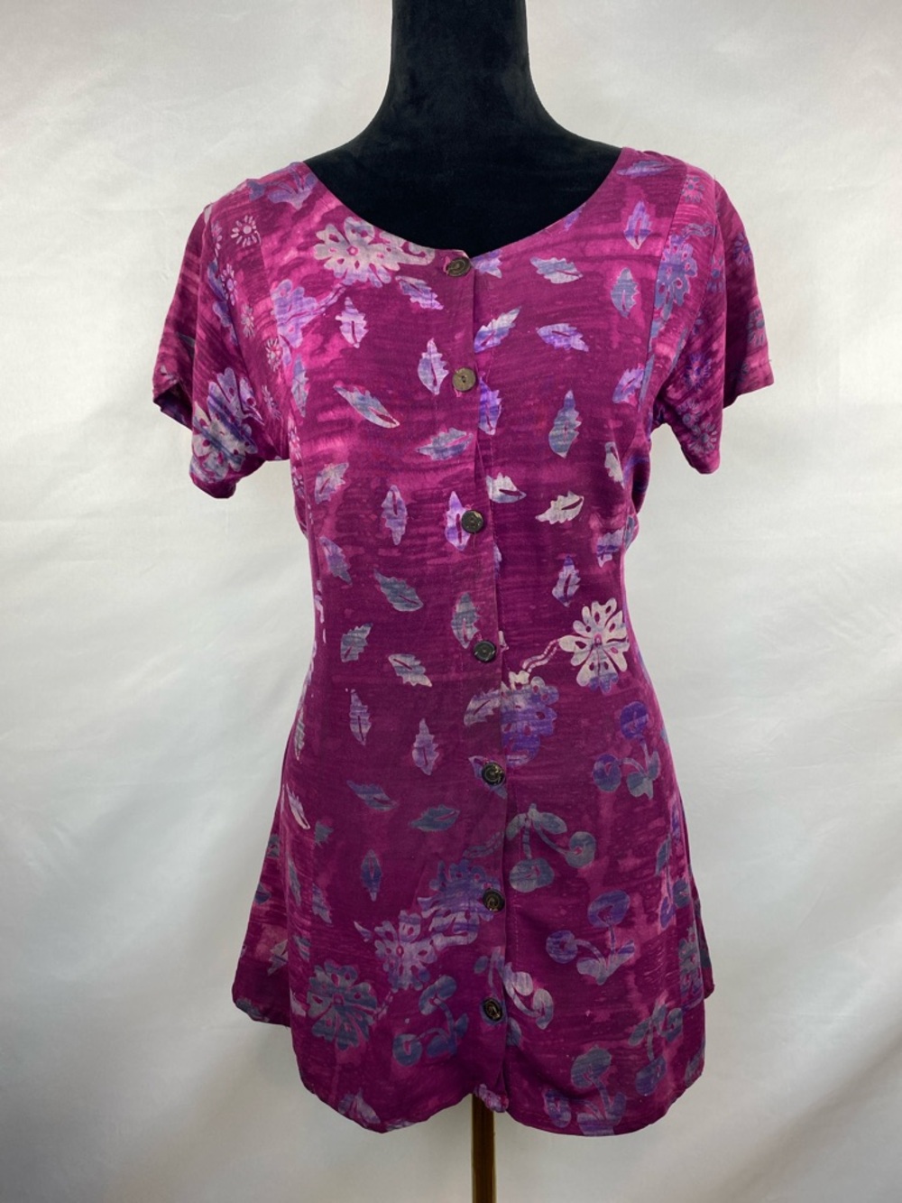 Silver Moon Creations Batik Handmade Wood Button Back Tie Tunic Top Size Small